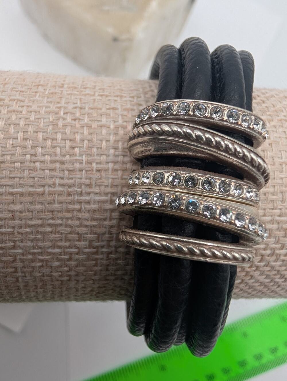 Brighton Neptunes Rings Black Leather & Silver Tone Crystal Bracelet JB7753 OS